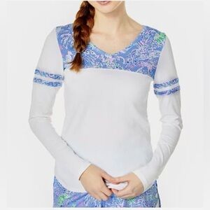Lilly Pulitzer Amara V-Neck Long Sleeve Top Tropical Pattern Size Large